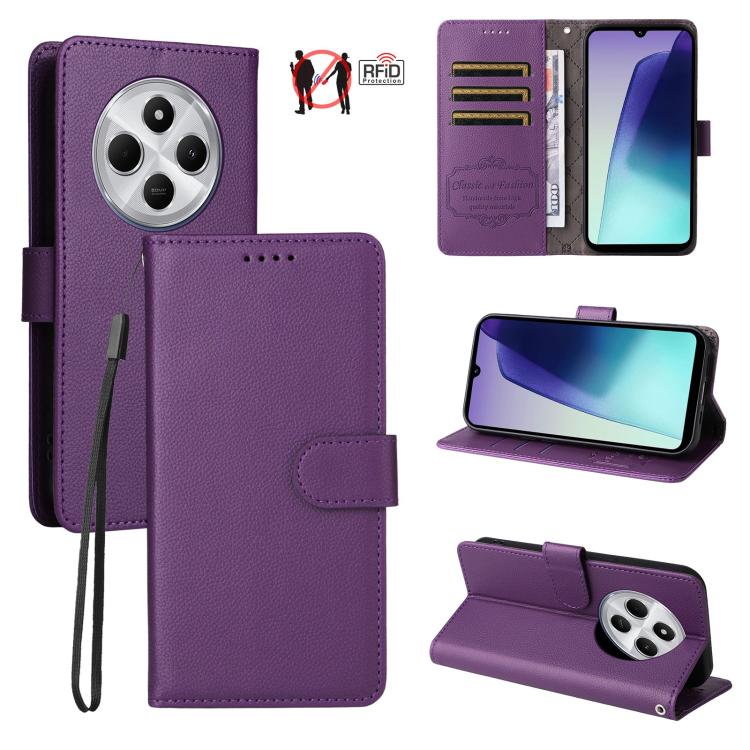 

For Redmi 14C 4G / 5G / 14R / Poco M7 Litchi Texture RFID Blocking 3-Card Wallet Leather Phone Case(Purple)