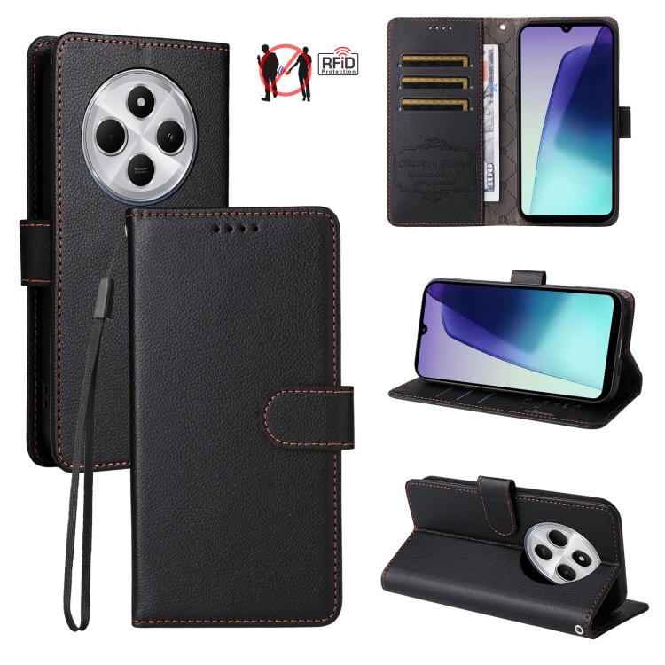 

For Redmi 14C 4G / 5G / 14R / Poco M7 Litchi Texture RFID Blocking 3-Card Wallet Leather Phone Case(Black)