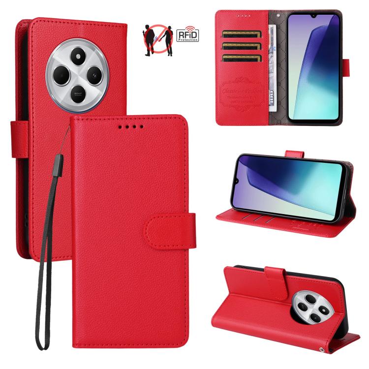 

For Redmi 14C 4G / 5G / 14R / Poco M7 Litchi Texture RFID Blocking 3-Card Wallet Leather Phone Case(Red)