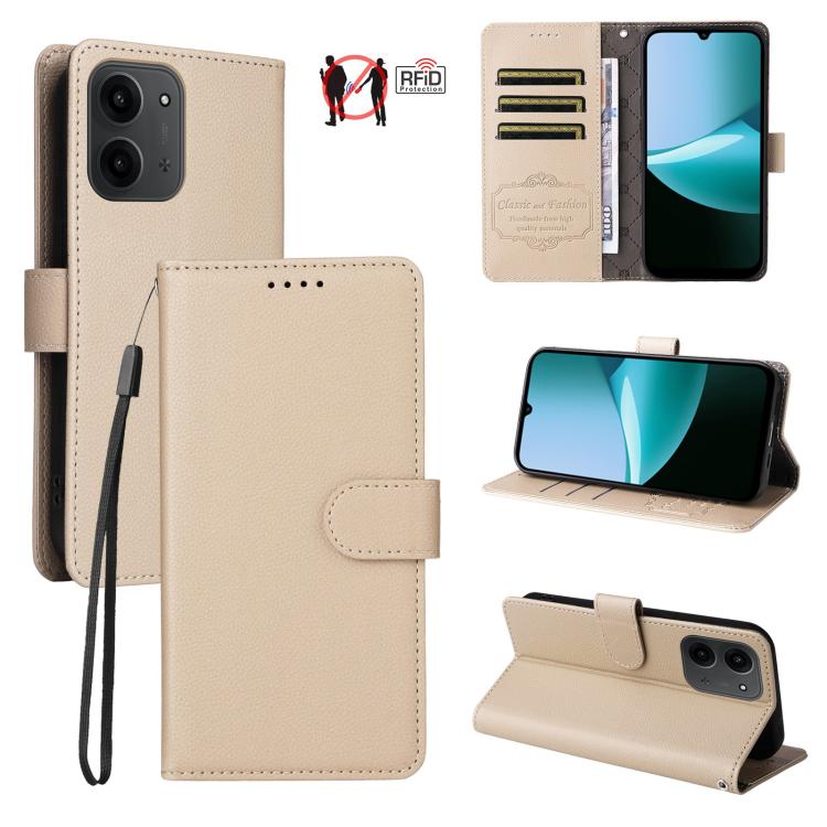 

For Redmi 15C 5G / 4G EU 173mm Litchi Texture RFID Blocking 3-Card Wallet Leather Phone Case(Beige)