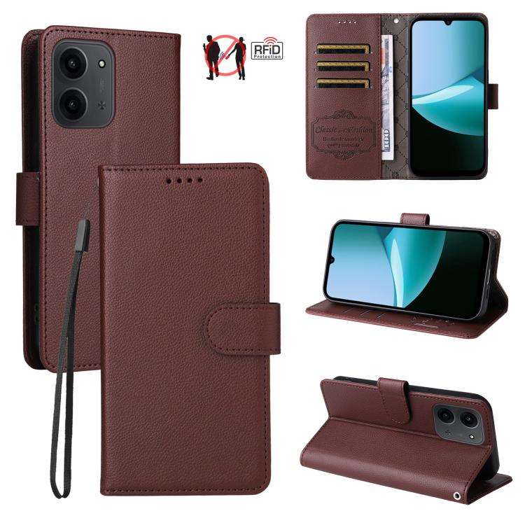

For Redmi 15C 5G / 4G EU 173.1mm Litchi Texture RFID Blocking 3-Card Wallet Leather Phone Case(Brown)