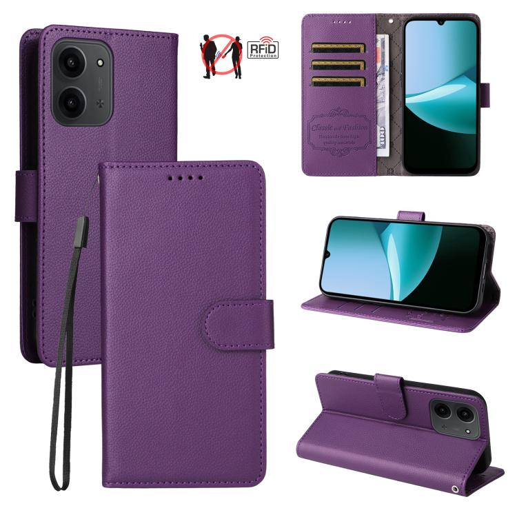 

For Redmi 15C 5G / 4G EU 173mm Litchi Texture RFID Blocking 3-Card Wallet Leather Phone Case(Purple)