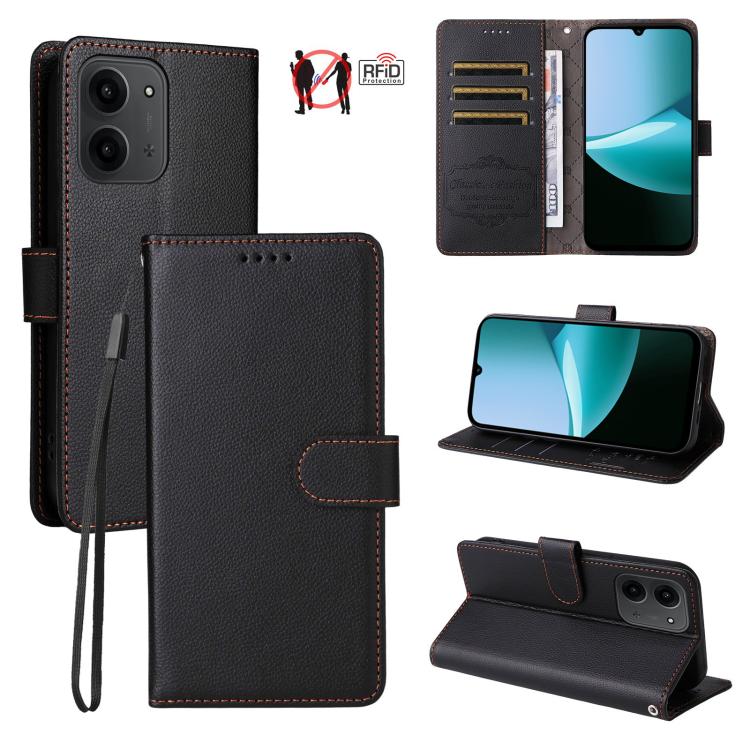 

For Redmi 15C 5G / 4G EU 173mm Litchi Texture RFID Blocking 3-Card Wallet Leather Phone Case(Black)