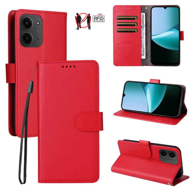 

For Redmi 15C 5G / 4G EU 173mm Litchi Texture RFID Blocking 3-Card Wallet Leather Phone Case(Red)