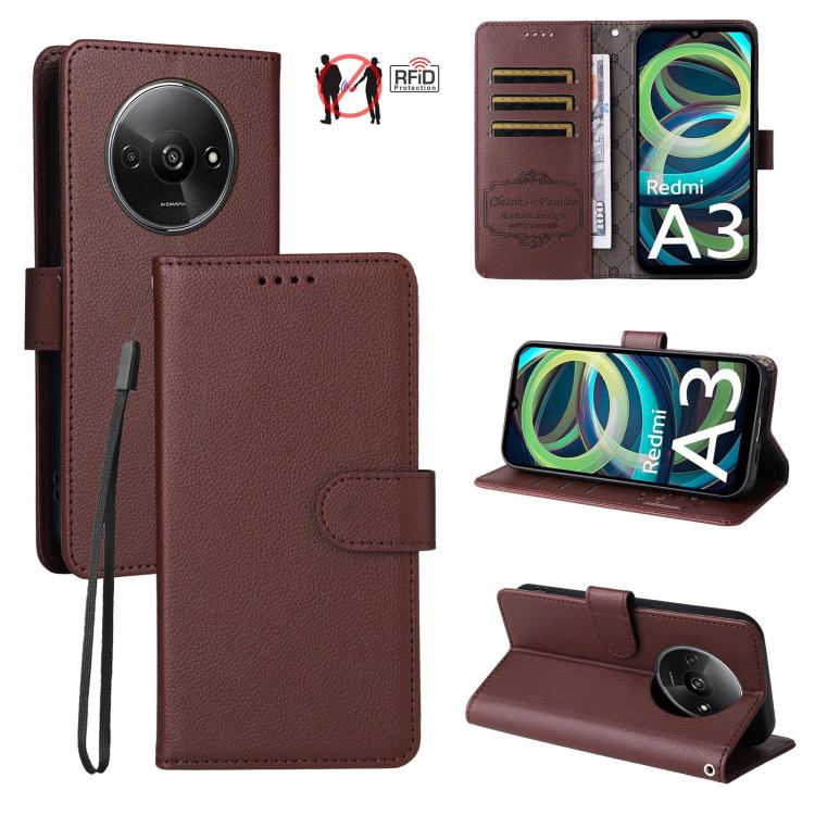 

For Redmi A3 4G Global / A3X Litchi Texture RFID Blocking 3-Card Wallet Leather Phone Case(Brown)