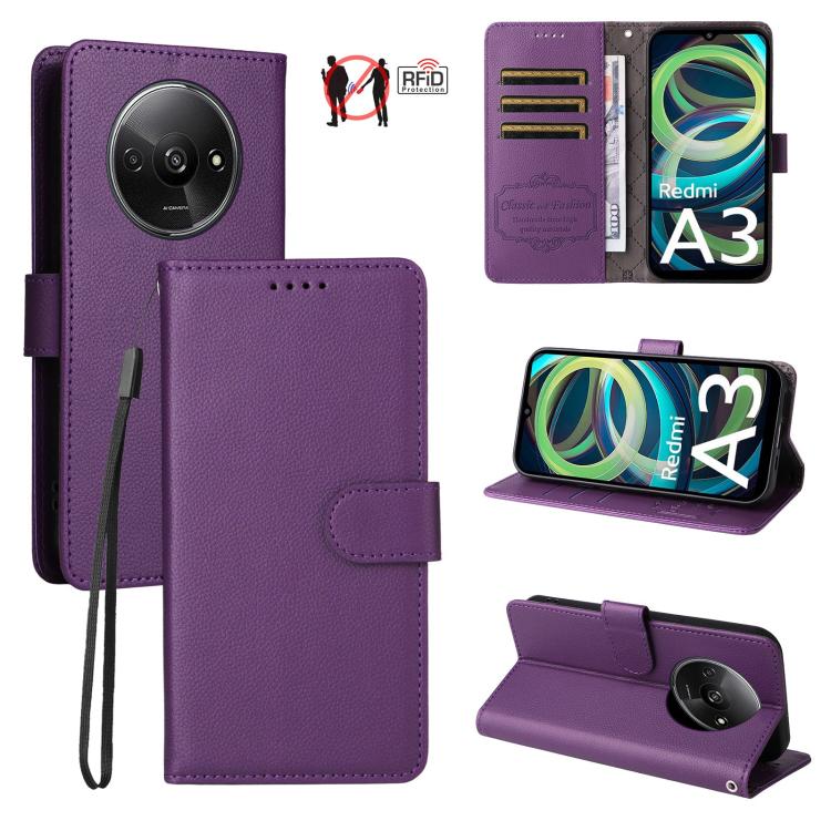 

For Redmi A3 4G Global / A3X Litchi Texture RFID Blocking 3-Card Wallet Leather Phone Case(Purple)