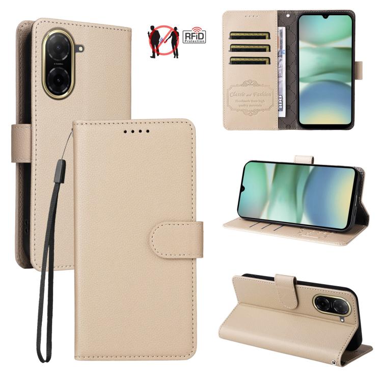 

For Redmi A5 4G EU 173.3mm Litchi Texture RFID Blocking 3-Card Wallet Leather Phone Case(Beige)