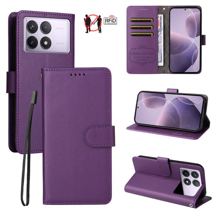 

For Redmi K70 / K70 Pro / Poco F6 Pro Litchi Texture RFID Blocking 3-Card Wallet Leather Phone Case(Purple)