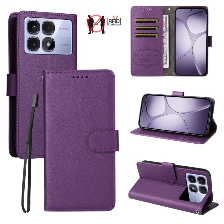 For Redmi K70 Ultra Litchi Texture RFID Blocking 3-Card Wallet Leather Phone Case(Purple)