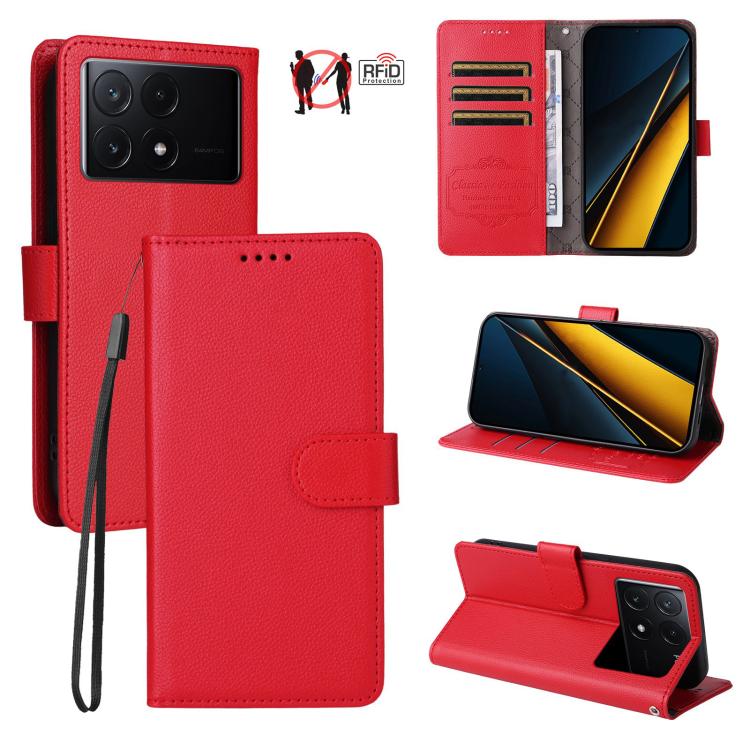 

For Redmi K70E Litchi Texture RFID Blocking 3-Card Wallet Leather Phone Case(Red)
