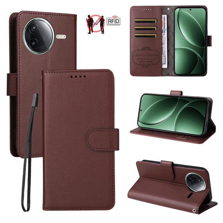 

For Redmi K80 / Poco F7 Pro Litchi Texture RFID Blocking 3-Card Wallet Leather Phone Case(Brown)