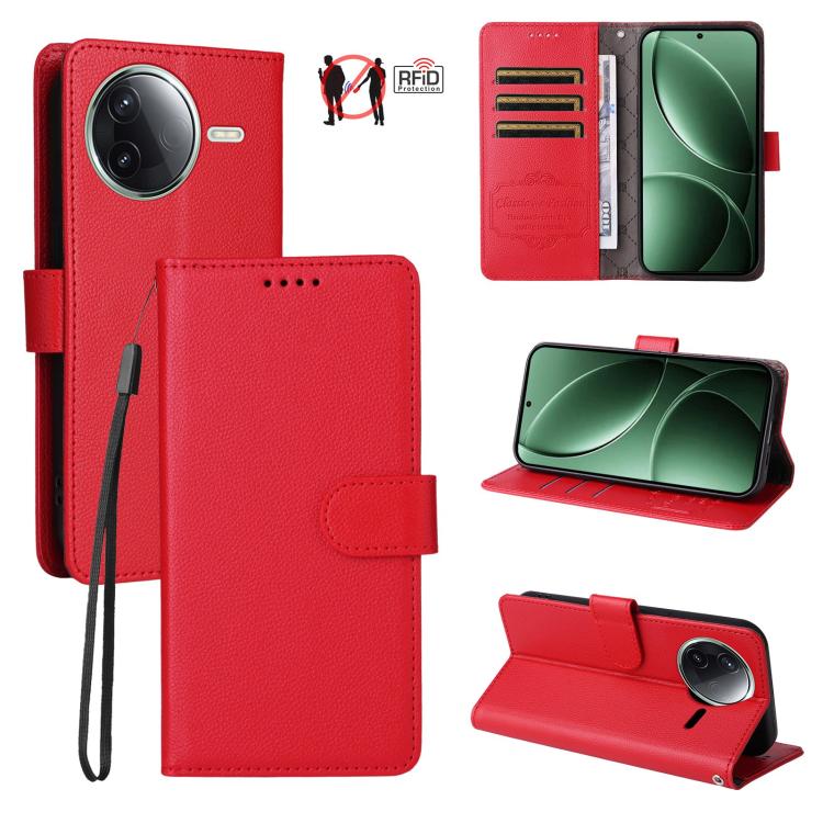 

For Redmi K80 / Poco F7 Pro Litchi Texture RFID Blocking 3-Card Wallet Leather Phone Case(Red)