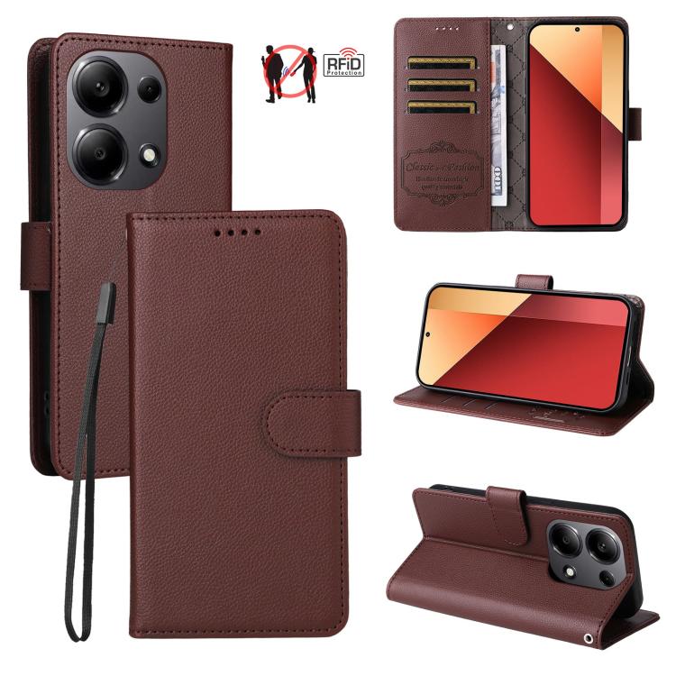 

For Redmi Note 13 4G Litchi Texture RFID Blocking 3-Card Wallet Leather Phone Case(Brown)
