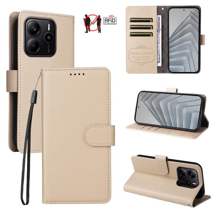 

For Redmi Note 14 4G Global 163.25mm Litchi Texture RFID Blocking 3-Card Wallet Leather Phone Case(Beige)