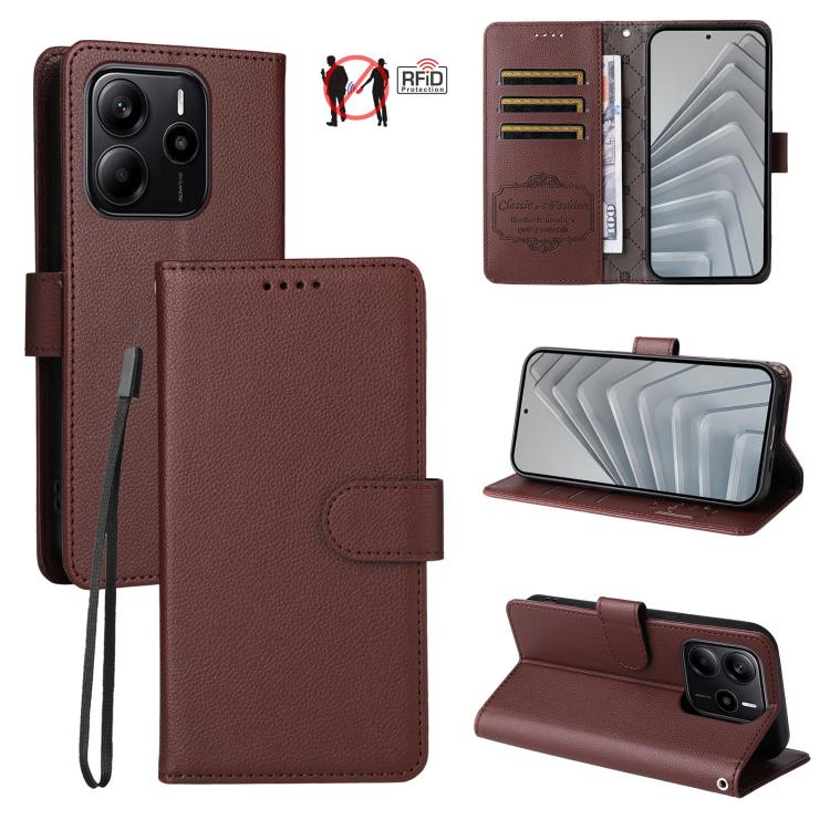 

For Redmi Note 14 4G Global 163.25mm Litchi Texture RFID Blocking 3-Card Wallet Leather Phone Case(Brown)