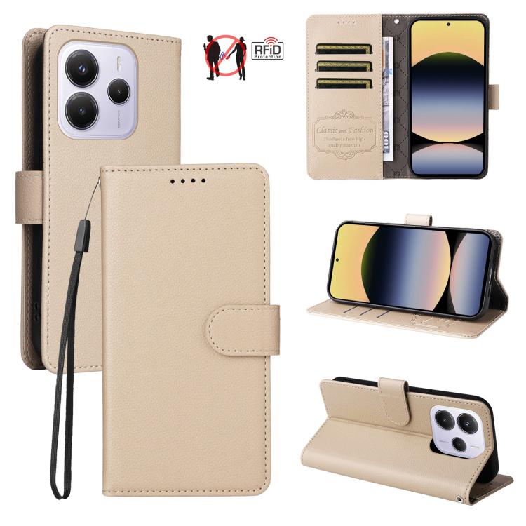 

For Redmi Note 14 4G Global 164.84mm Litchi Texture RFID Blocking 3-Card Wallet Leather Phone Case(Beige)