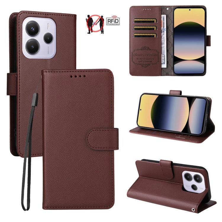 

For Redmi Note 14 4G Global 164.84mm Litchi Texture RFID Blocking 3-Card Wallet Leather Phone Case(Brown)
