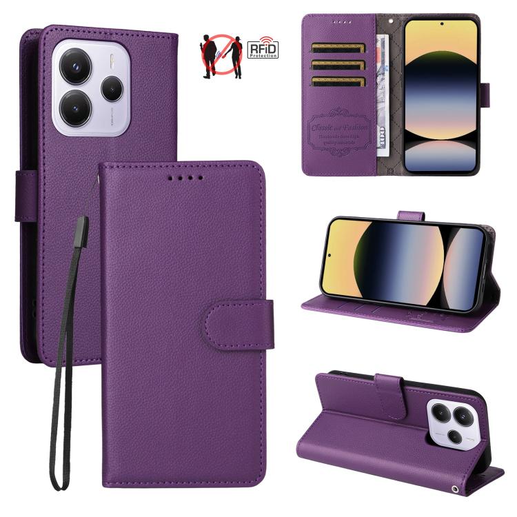 

For Redmi Note 14 4G Global 164.84mm Litchi Texture RFID Blocking 3-Card Wallet Leather Phone Case(Purple)