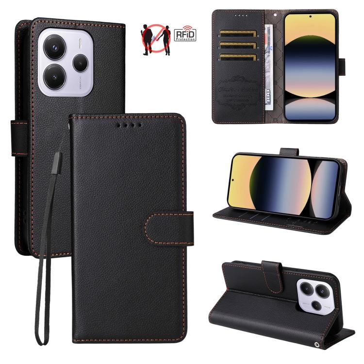 

For Redmi Note 14 4G Global 164.84mm Litchi Texture RFID Blocking 3-Card Wallet Leather Phone Case(Black)