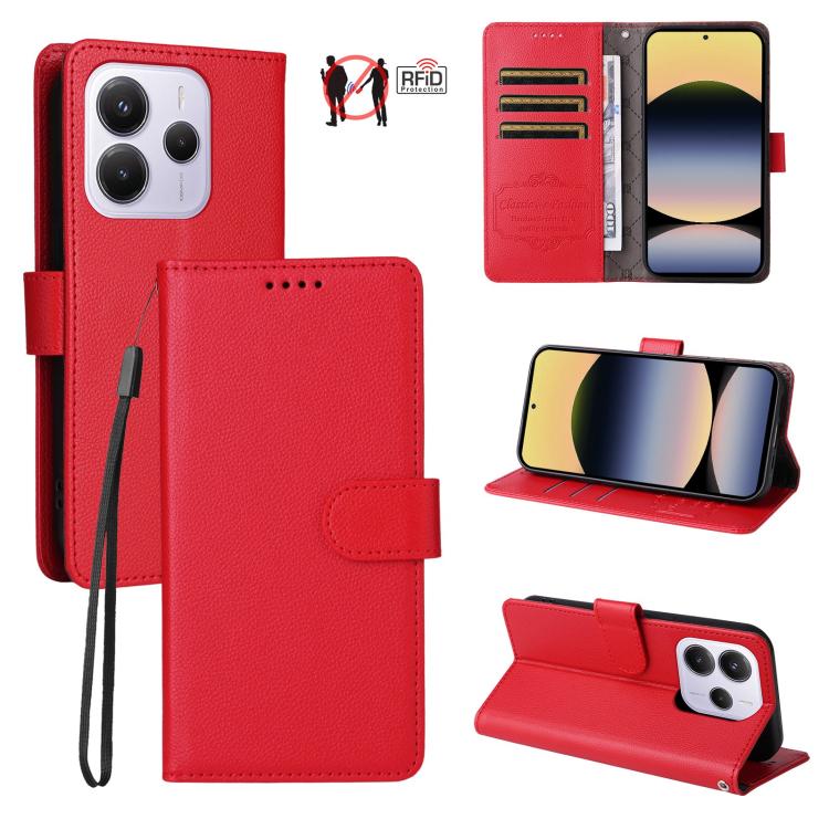 

For Redmi Note 14 4G Global 164.84mm Litchi Texture RFID Blocking 3-Card Wallet Leather Phone Case(Red)