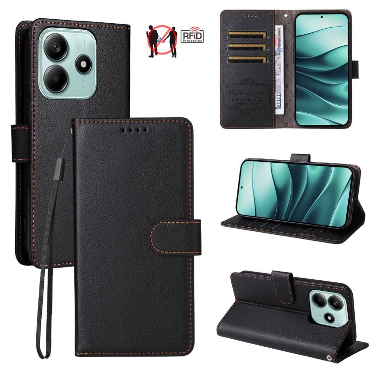 

For Redmi Note 14 5G / Poco M7 Pro 5G Litchi Texture RFID Blocking 3-Card Wallet Leather Phone Case(Black)