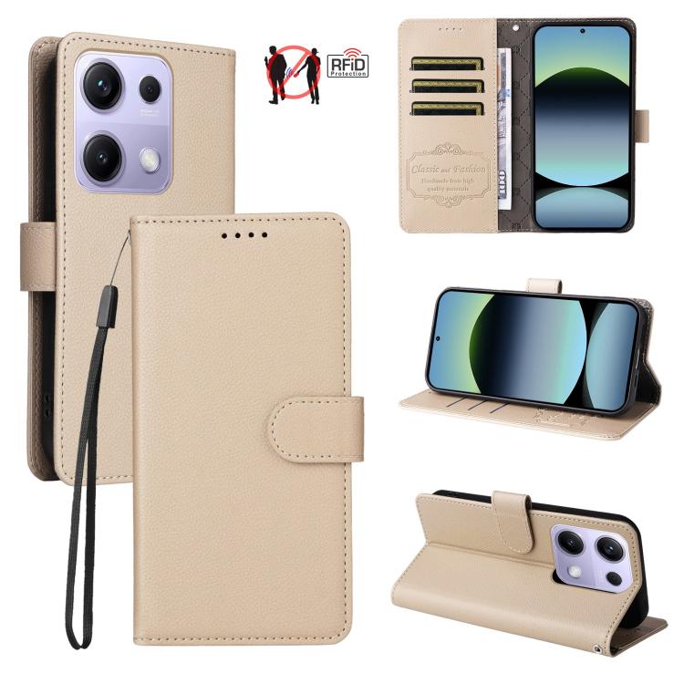 

For Redmi Note 14S / 13 Pro 4G Global Litchi Texture RFID Blocking 3-Card Wallet Leather Phone Case(Beige)