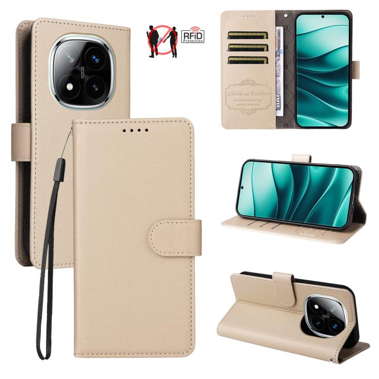 

For Redmi Note 14 Pro 5G / 14 Pro+ 5G Litchi Texture RFID Blocking 3-Card Wallet Leather Phone Case(Beige)
