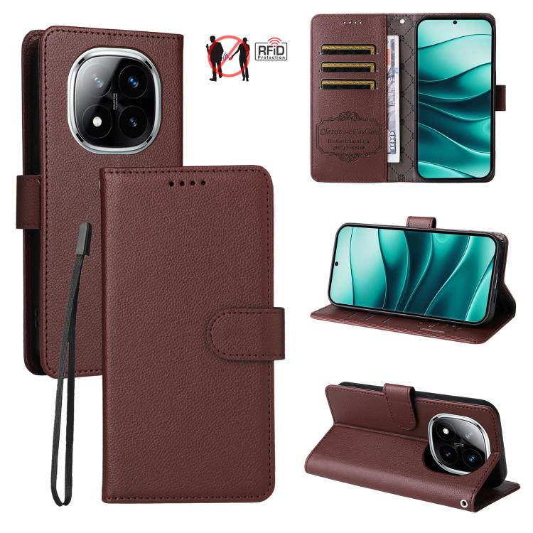 

For Redmi Note 14 Pro 5G / 14 Pro+ 5G Litchi Texture RFID Blocking 3-Card Wallet Leather Phone Case(Brown)