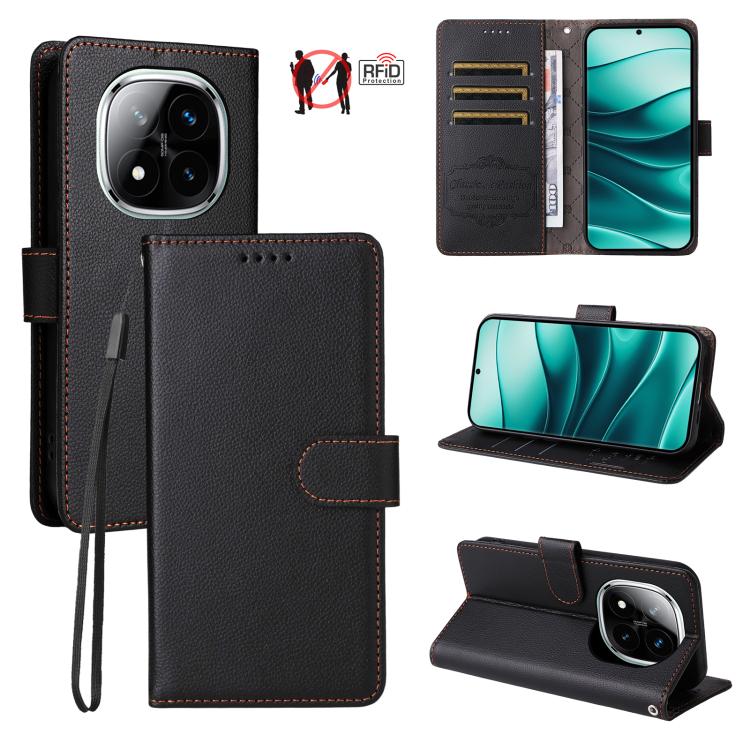 

For Redmi Note 14 Pro 5G / 14 Pro+ 5G Litchi Texture RFID Blocking 3-Card Wallet Leather Phone Case(Black)