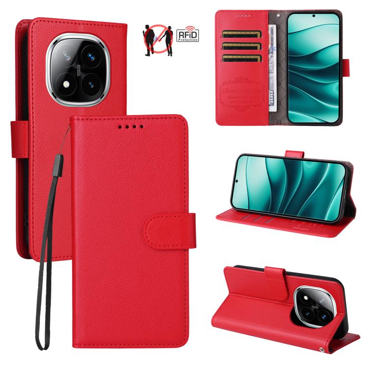 

For Redmi Note 14 Pro 5G / 14 Pro+ 5G Litchi Texture RFID Blocking 3-Card Wallet Leather Phone Case(Red)