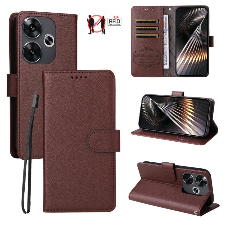 For Redmi Turbo 3 5G / Poco F6 Litchi Texture RFID Blocking 3-Card Wallet Leather Phone Case(Brown) — купить у Sunsky-online WW