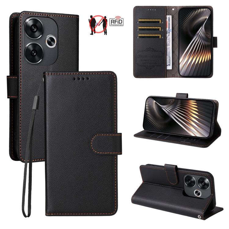 

For Redmi Turbo 3 5G / Poco F6 Litchi Texture RFID Blocking 3-Card Wallet Leather Phone Case(Black)
