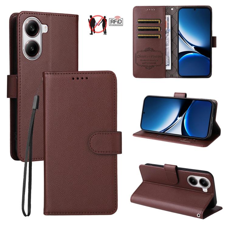 

For Redmi Turbo 4 5G / Poco X7 Pro 5G Litchi Texture RFID Blocking 3-Card Wallet Leather Phone Case(Brown)