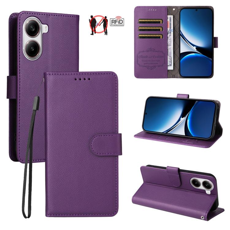 

For Redmi Turbo 4 5G / Poco X7 Pro 5G Litchi Texture RFID Blocking 3-Card Wallet Leather Phone Case(Purple)