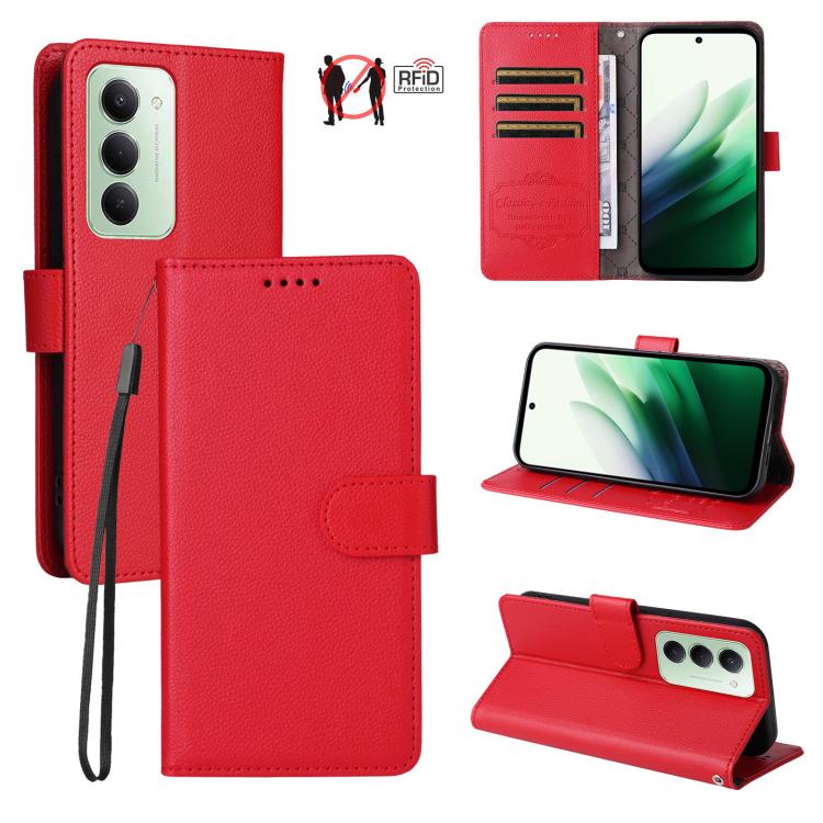 

For Redmi 15 5G / 4G EU 171mm Litchi Texture RFID Blocking 3-Card Wallet Leather Phone Case(Red)
