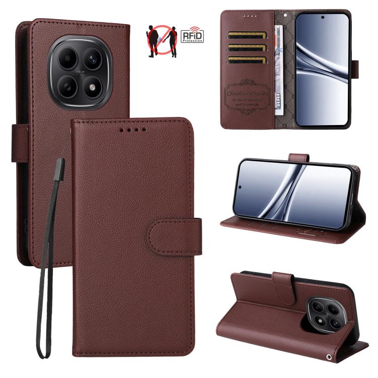 

For Redmi Note 15 4G / 5G Global 164mm Litchi Texture RFID Blocking 3-Card Wallet Leather Phone Case(Brown)