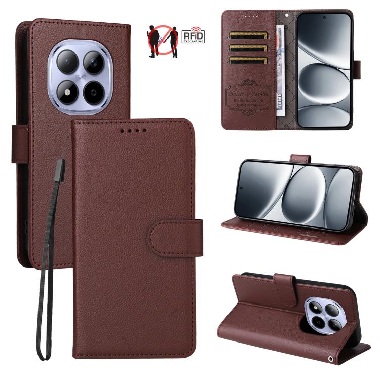 

For Redmi Note 15 Pro 5G Global 163.6mm Litchi Texture RFID Blocking 3-Card Wallet Leather Phone Case(Brown)