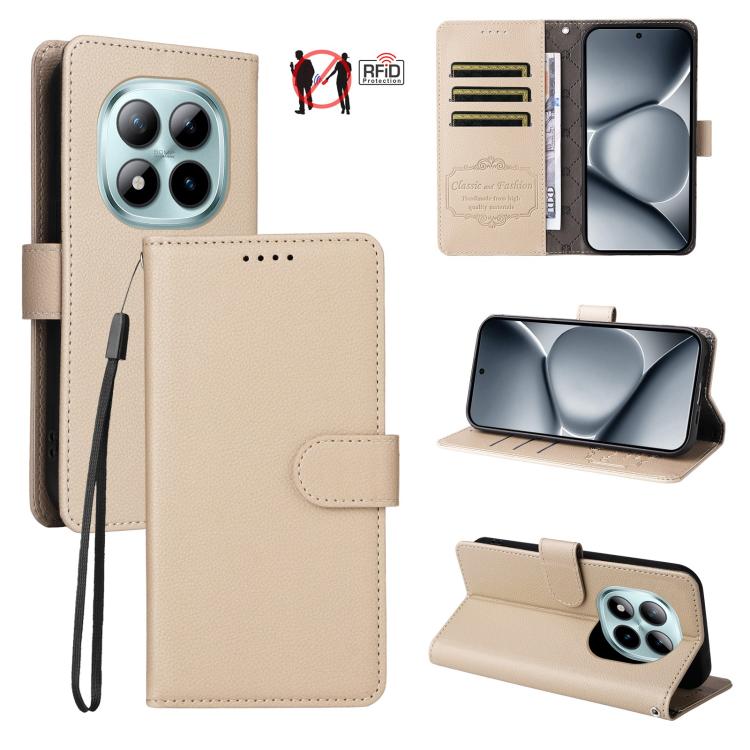 

For Redmi Note 15 Pro+ 5G Global 163.3mm Litchi Texture RFID Blocking 3-Card Wallet Leather Phone Case(Beige)