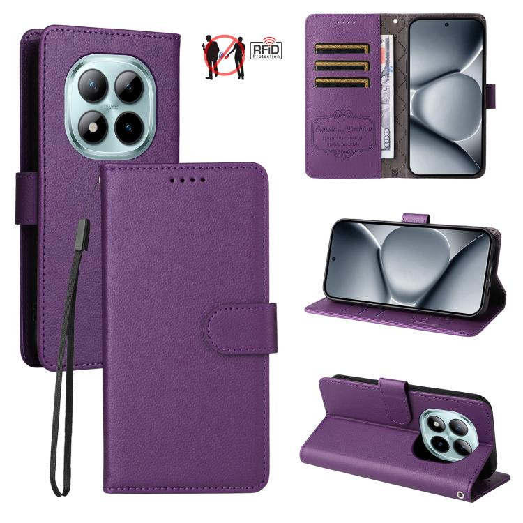 

For Redmi Note 15 Pro+ 5G Global 163.3mm Litchi Texture RFID Blocking 3-Card Wallet Leather Phone Case(Purple)