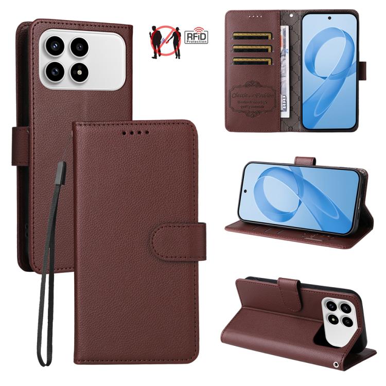 For Redmi K90 / Xiaomi Poco F8 Pro 5G Litchi Texture RFID Blocking 3-Card Wallet Leather Phone Case(Brown)