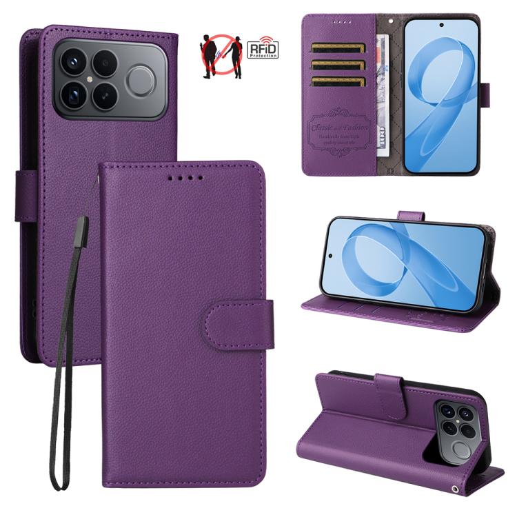 

For Redmi K90 Pro Max Litchi Texture RFID Blocking 3-Card Wallet Leather Phone Case(Purple)