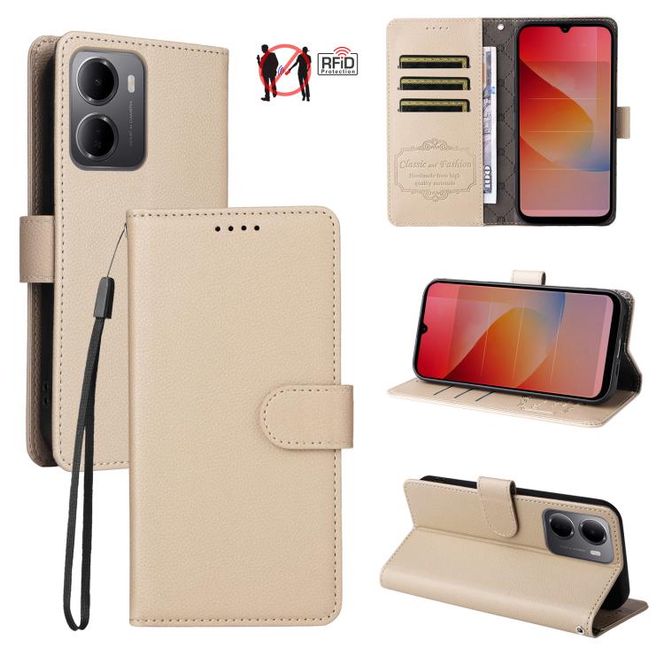 For Redmi 15a 5G Litchi Texture RFID Blocking 3-Card Wallet Leather Phone Case(Beige)