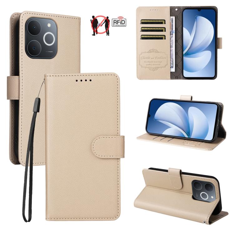 

For Realme Narzo 80 Lite 4G / C71 India Litchi Texture RFID Blocking 3-Card Wallet Leather Phone Case(Beige)