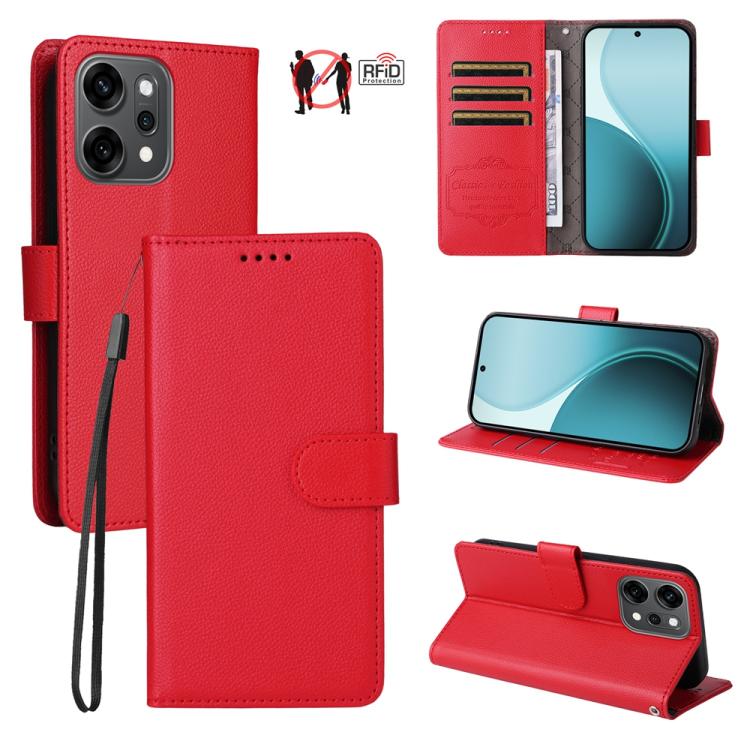 

For OPPO Reno13 Pro Global / Reno14 Pro Global Litchi Texture RFID Blocking 3-Card Wallet Leather Phone Case(Red)
