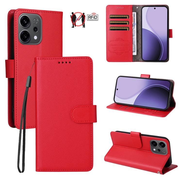 

For OPPO Reno13 / Reno14 Global / Reno14 F 5G Litchi Texture RFID Blocking 3-Card Wallet Leather Phone Case(Red)