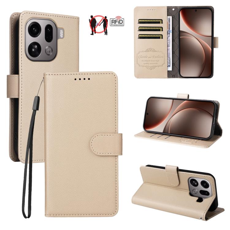 

For OPPO Find X9 Pro Litchi Texture RFID Blocking 3-Card Wallet Leather Phone Case(Beige)