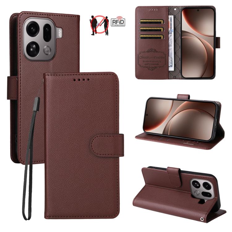 

For OPPO Find X9 Pro Litchi Texture RFID Blocking 3-Card Wallet Leather Phone Case(Brown)