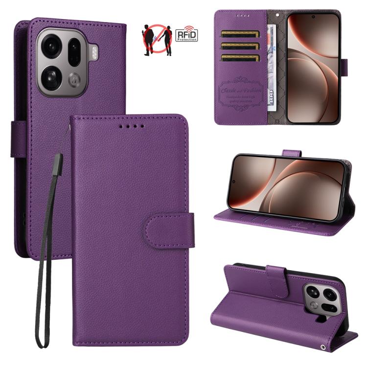 

For OPPO Find X9 Pro Litchi Texture RFID Blocking 3-Card Wallet Leather Phone Case(Purple)
