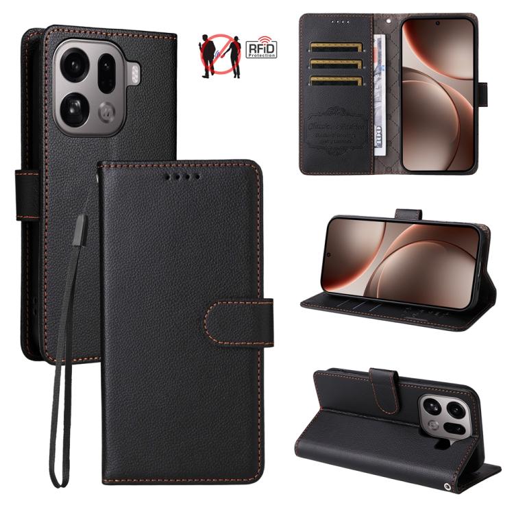 

For OPPO Find X9 Pro Litchi Texture RFID Blocking 3-Card Wallet Leather Phone Case(Black)