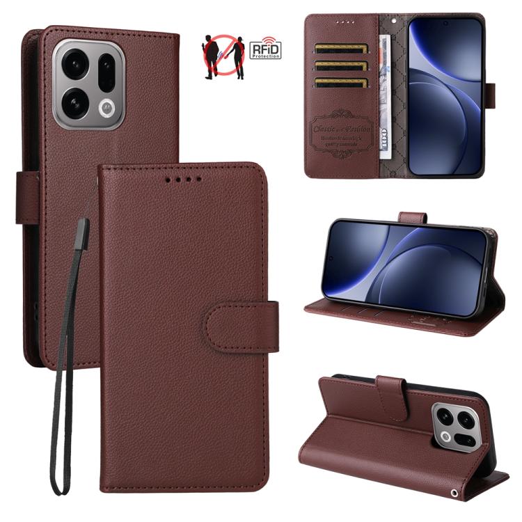 

For OPPO Find X9 Litchi Texture RFID Blocking 3-Card Wallet Leather Phone Case(Brown)